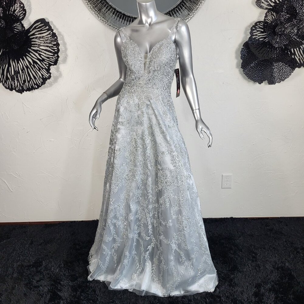 NWT~$340~SPLASH~SZ 6~SILVER GRAY RHINESTONE EMBROIDERED MAXI GLITTER PROM DRESS